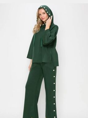 Joh Apparel Pearl-Trim Hooded Wide-Leg Pants Set Hunter Green Size L Pearlcore